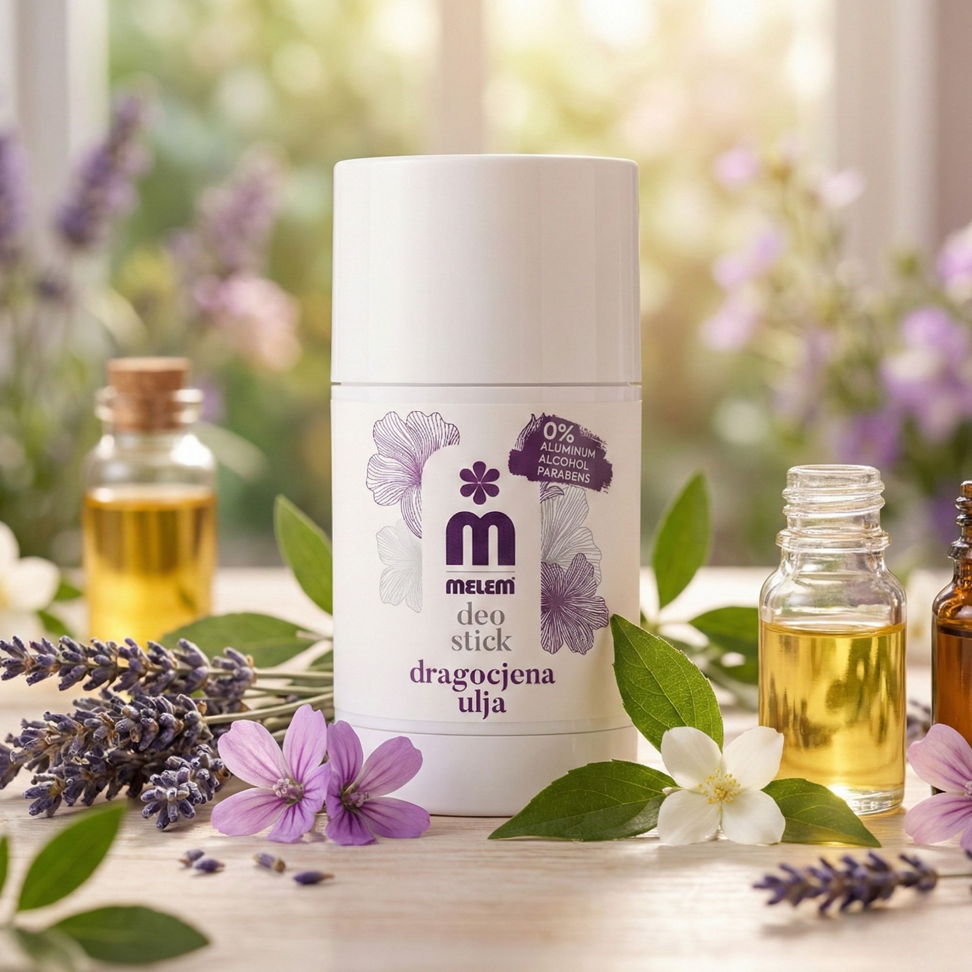 Witte deodorantstick met paars bloemmotief. Olieflessen en bloemen ernaast.
