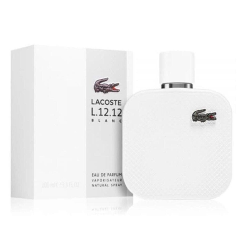 Wit parfumflesje met krokodillenlogo en doos. Opschrift: Lacoste L.12.12 Blanc.