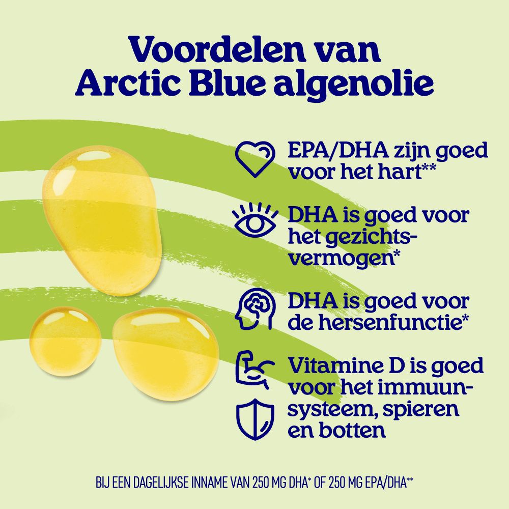 Fles Omega 3 algenolie citroensmaak, V-Label Vegan keurmerk en ingrediënteninformatie.