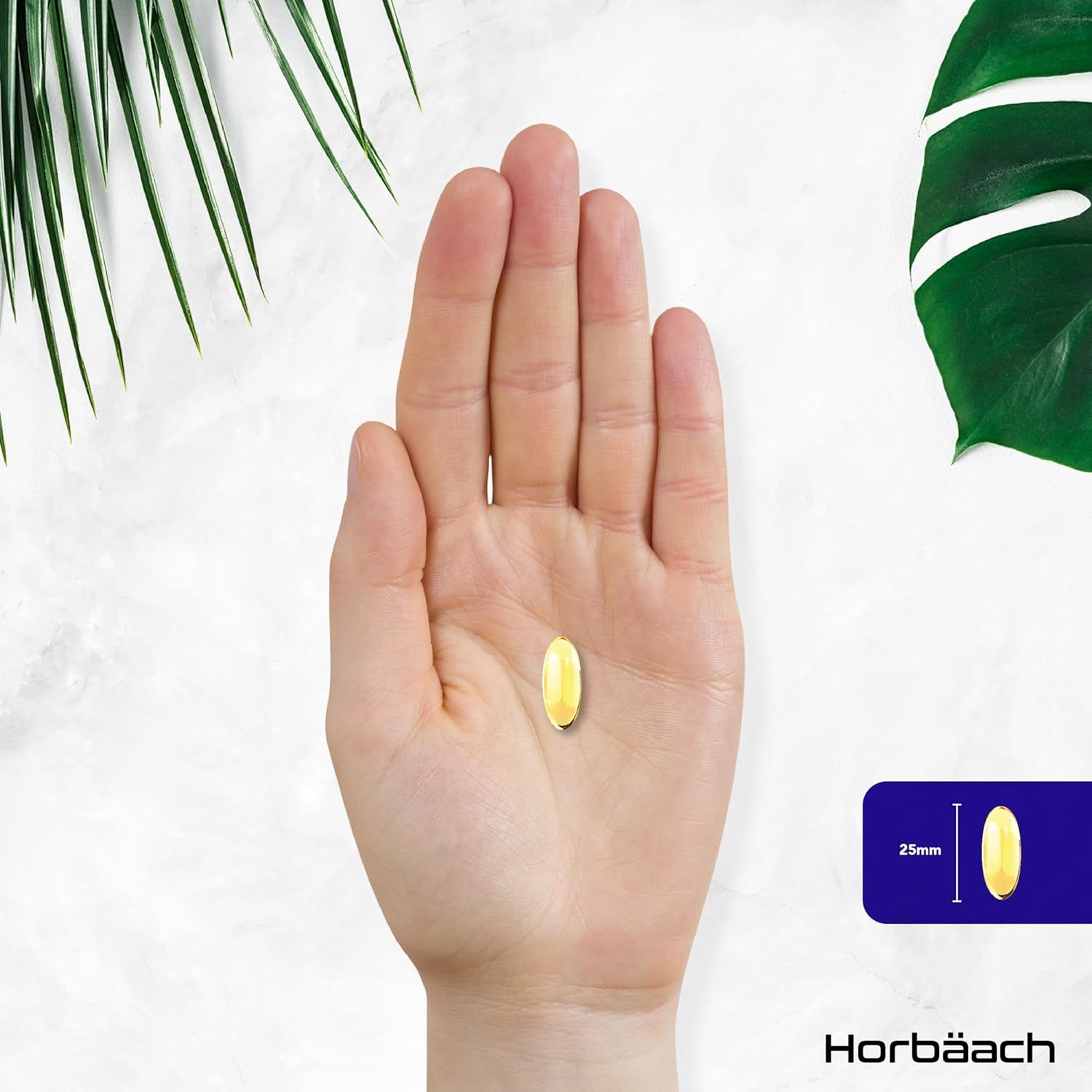 Een capsule in een hand. Daarnaast een schets met de afmetingen 25mm x 9mm.