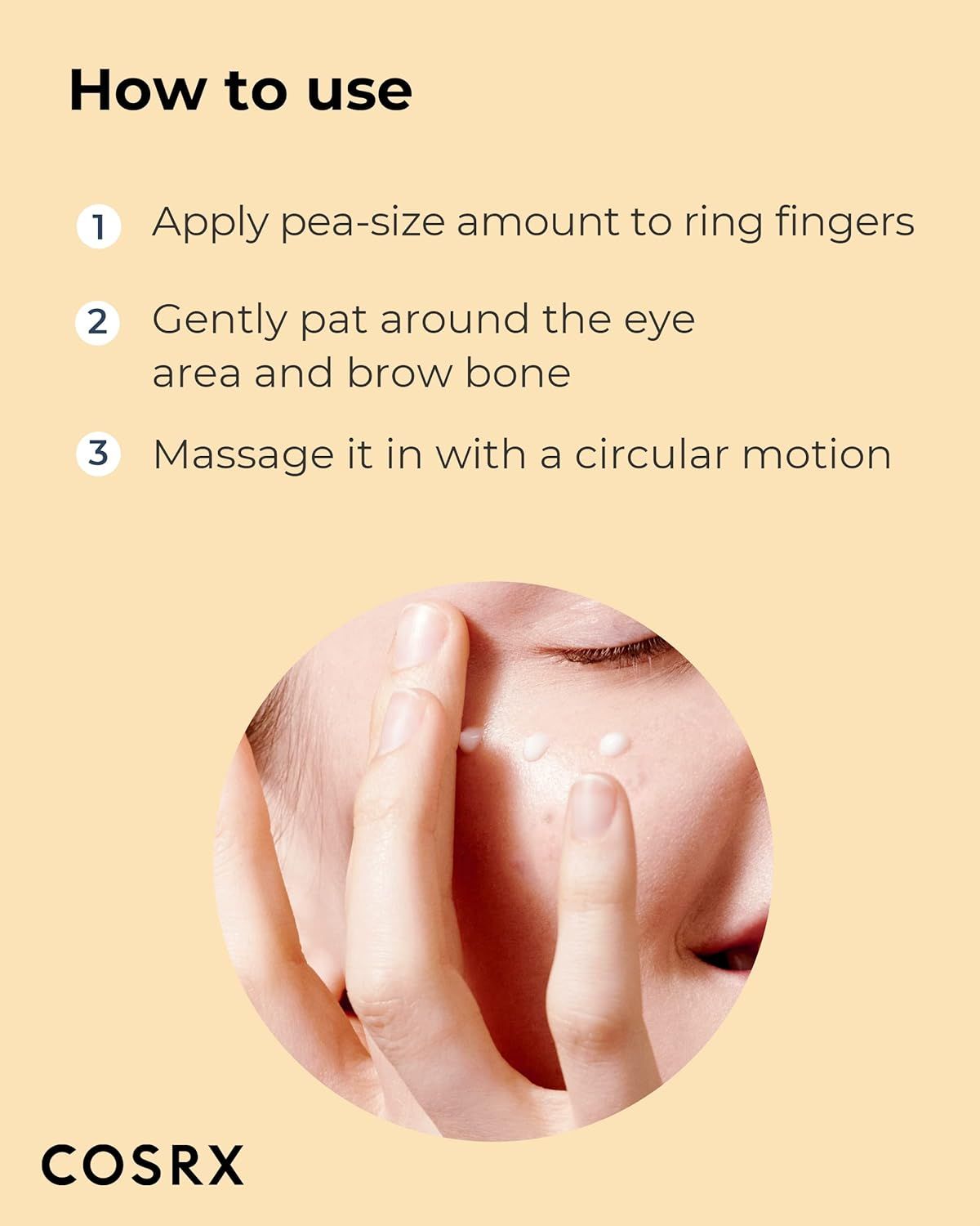 Close-up van persoon die crème aanbrengt op oogcontour. Instructies: 1. Erwtgrootte hoeveelheid. 2. Zachtjes deppen. 3. Cirkelen.
