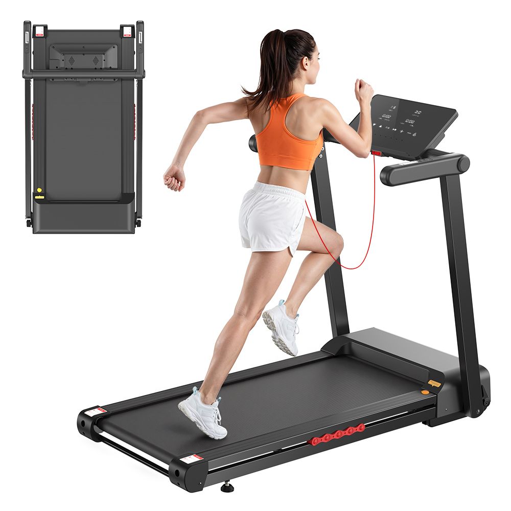 Tapis de course noir pliable avec femme courant. Tapis plié en arrière-plan.