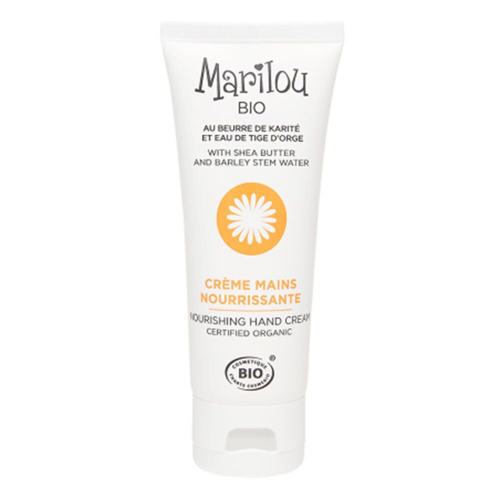 Tube blanc de crème mains Marilou BIO, enrichie en beurre de karité et eau de tige d'orge. Certifié biologique.