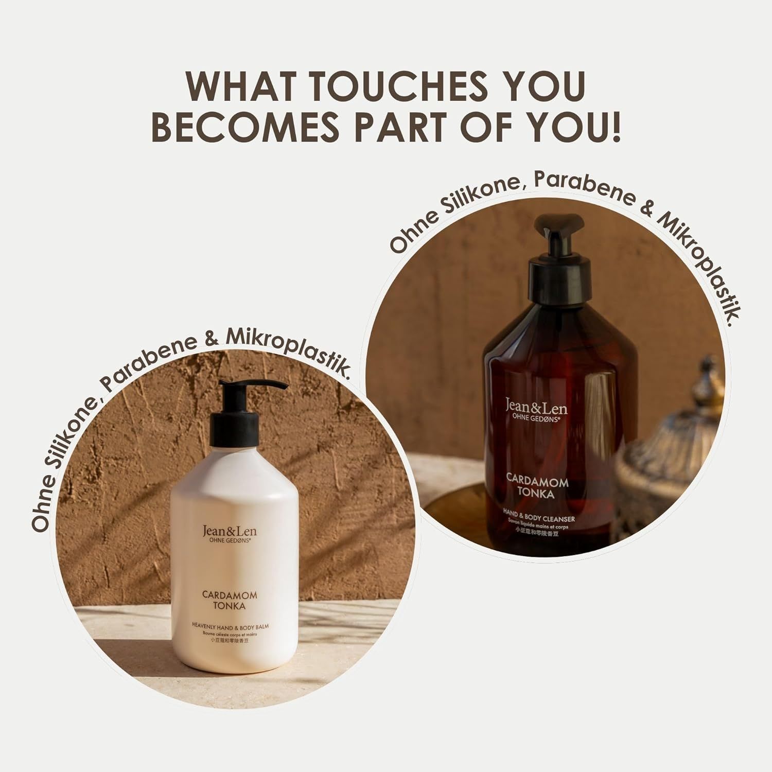 Twee flessen met zwarte pomp. Tekst: Cardamom Tonka. Zonder siliconen, parabenen & microplastics.