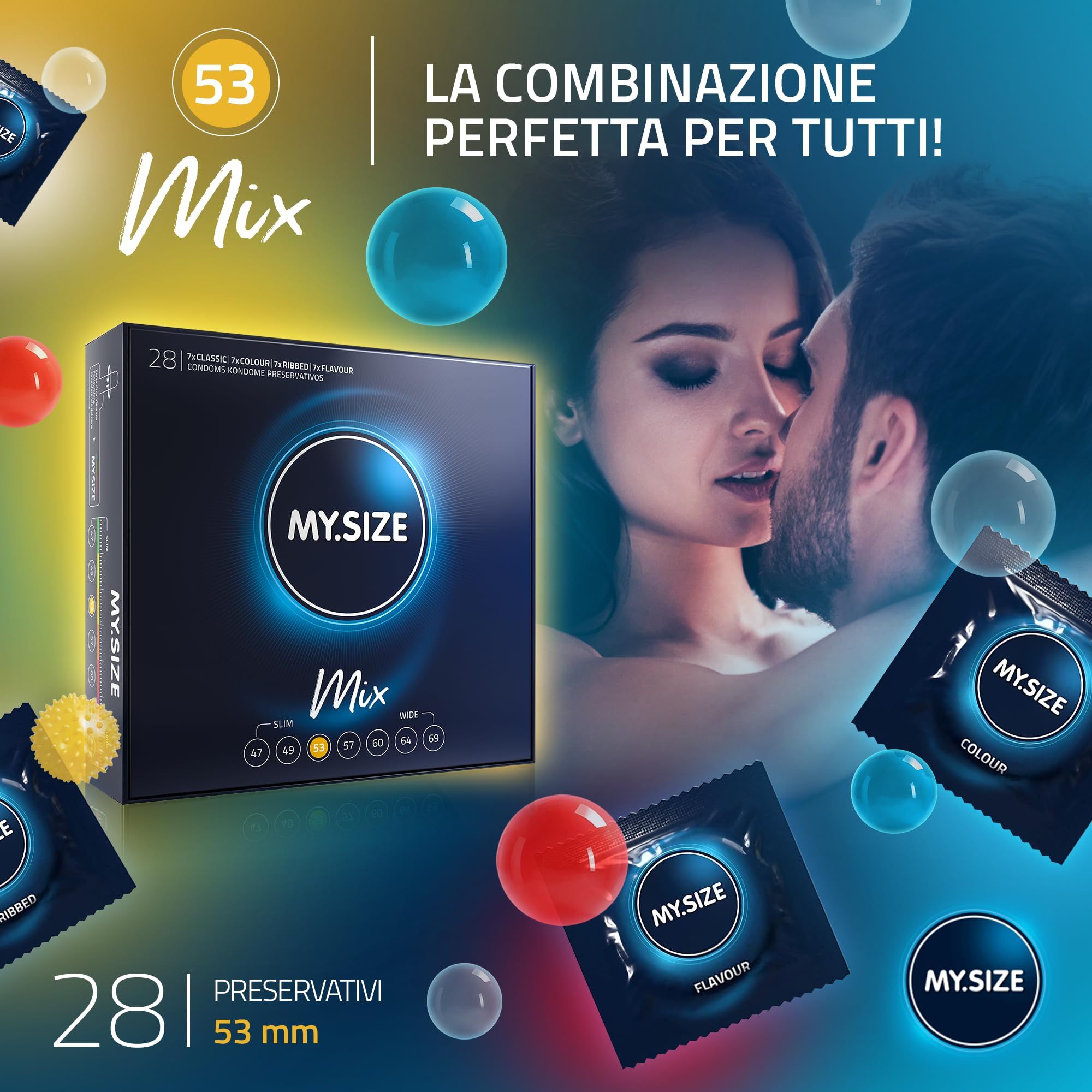 Préservatifs MY.SIZE Mix 53mm: 28 pièces, 4 variétés. Couple s'embrassant.