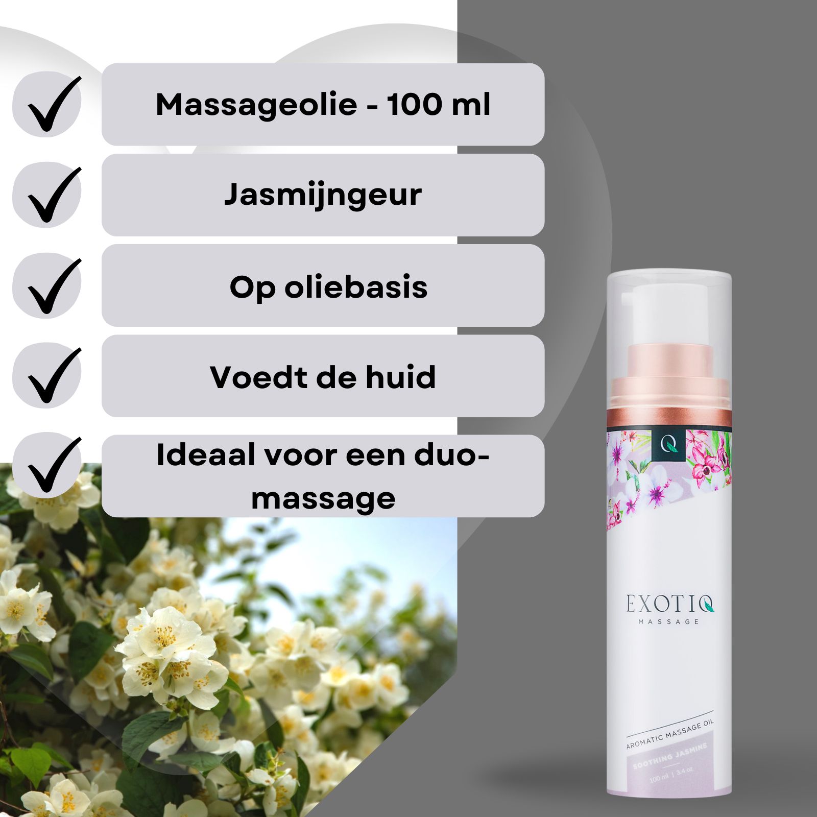 Massageolie fles met jasmijn aroma. Productinformatie in het Nederlands. Achtergrond met jasmijnbloemen.