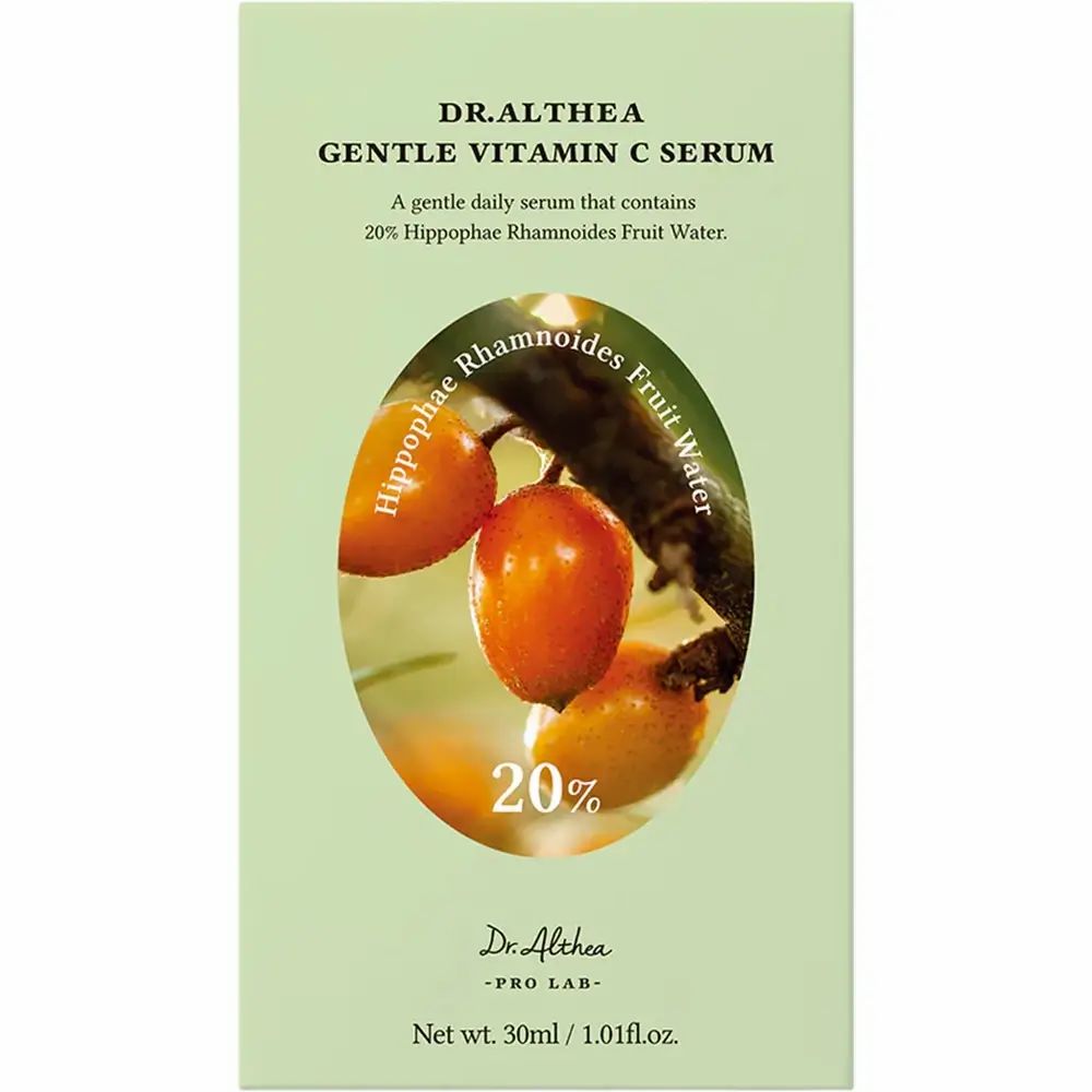 Emballage : boîte vert clair avec image du produit et texte. Inscription : Dr. Althea Gentle Vitamin C Serum, 20%.