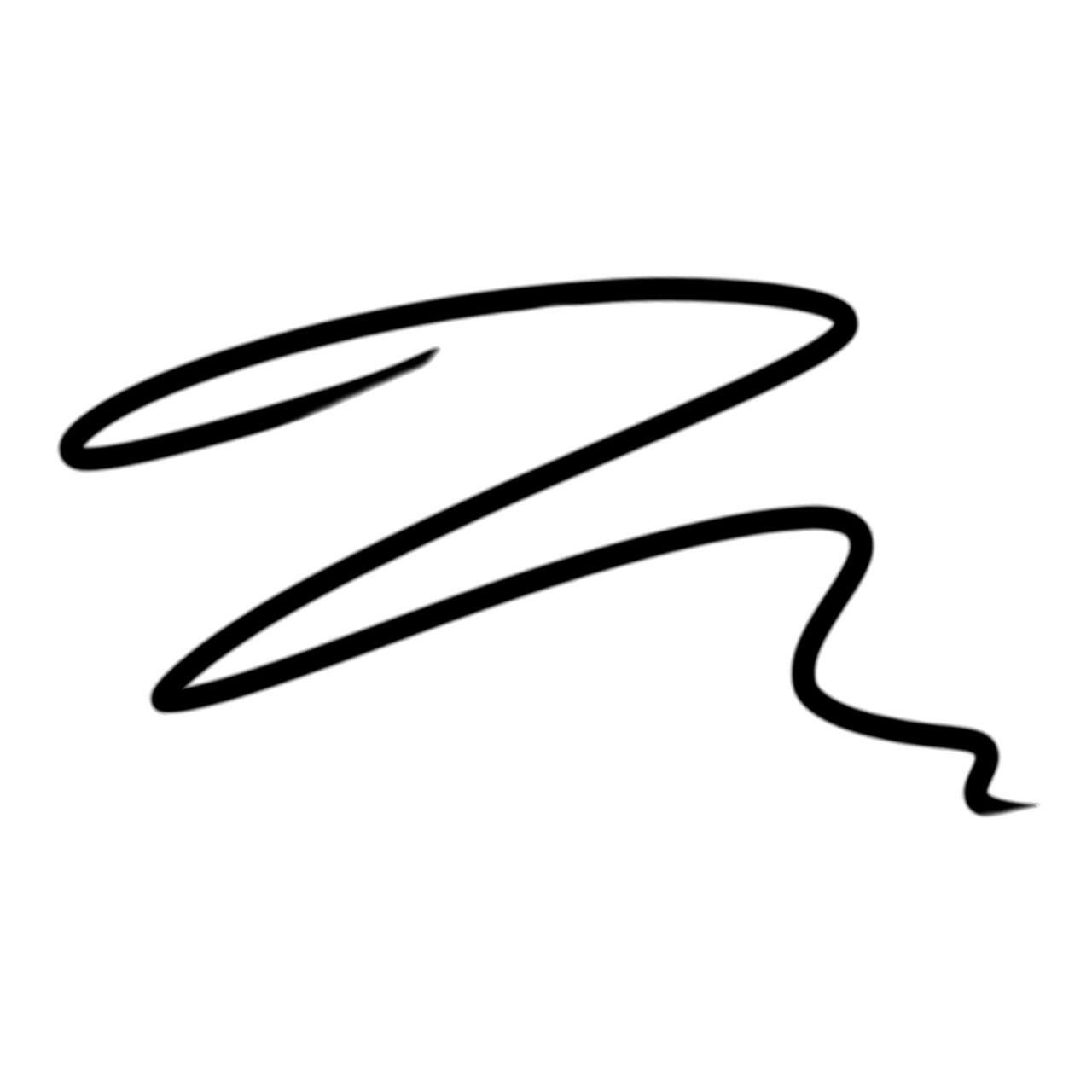 Zwarte eyeliner-streep op witte achtergrond. De lijn is gebogen en golvend.