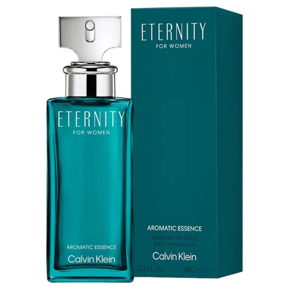 Flacon et boîte. Flacon rectangulaire, bleu-vert, bouchon argenté. Boîte bleu-vert, inscription Eternity, Calvin Klein.