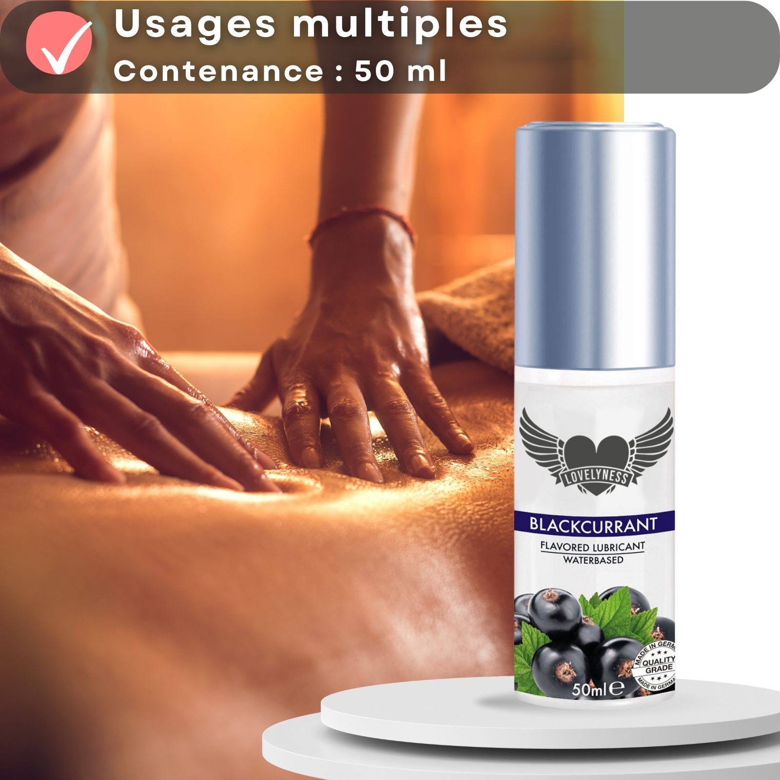 Lubrifiant au goût cassis. Pour usages multiples. Logo Lovelyness et nom Blackcurrant.