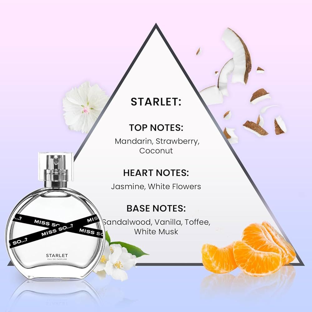 Flacon rond transparent avec vaporisateur argenté. Ruban noir avec inscription "MISS SO...?". Inscription "STARLET". Ingrédients et fruits.