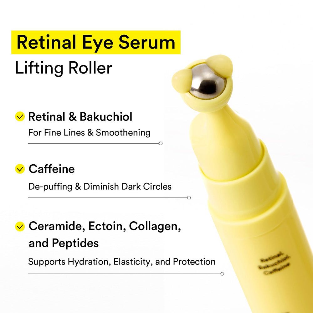 ABIB Retinal Eye Serum Lifting Roller met ingrediënten: retinal, bakuchiol, cafeïne, ceramide.