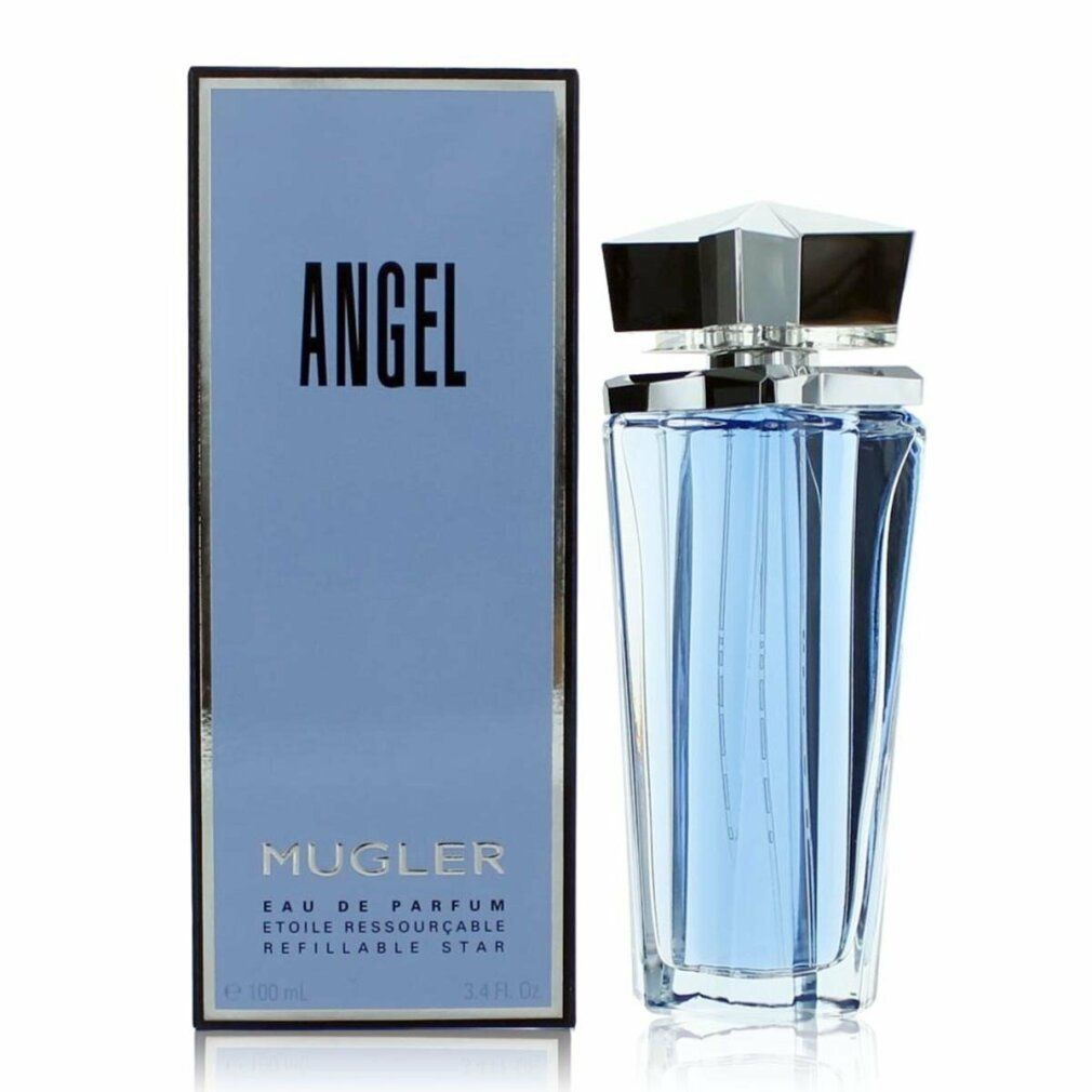 Fles en verpakking van Angel Eau de Toilette. De fles is stervormig, blauw en transparant. De verpakking is blauw.