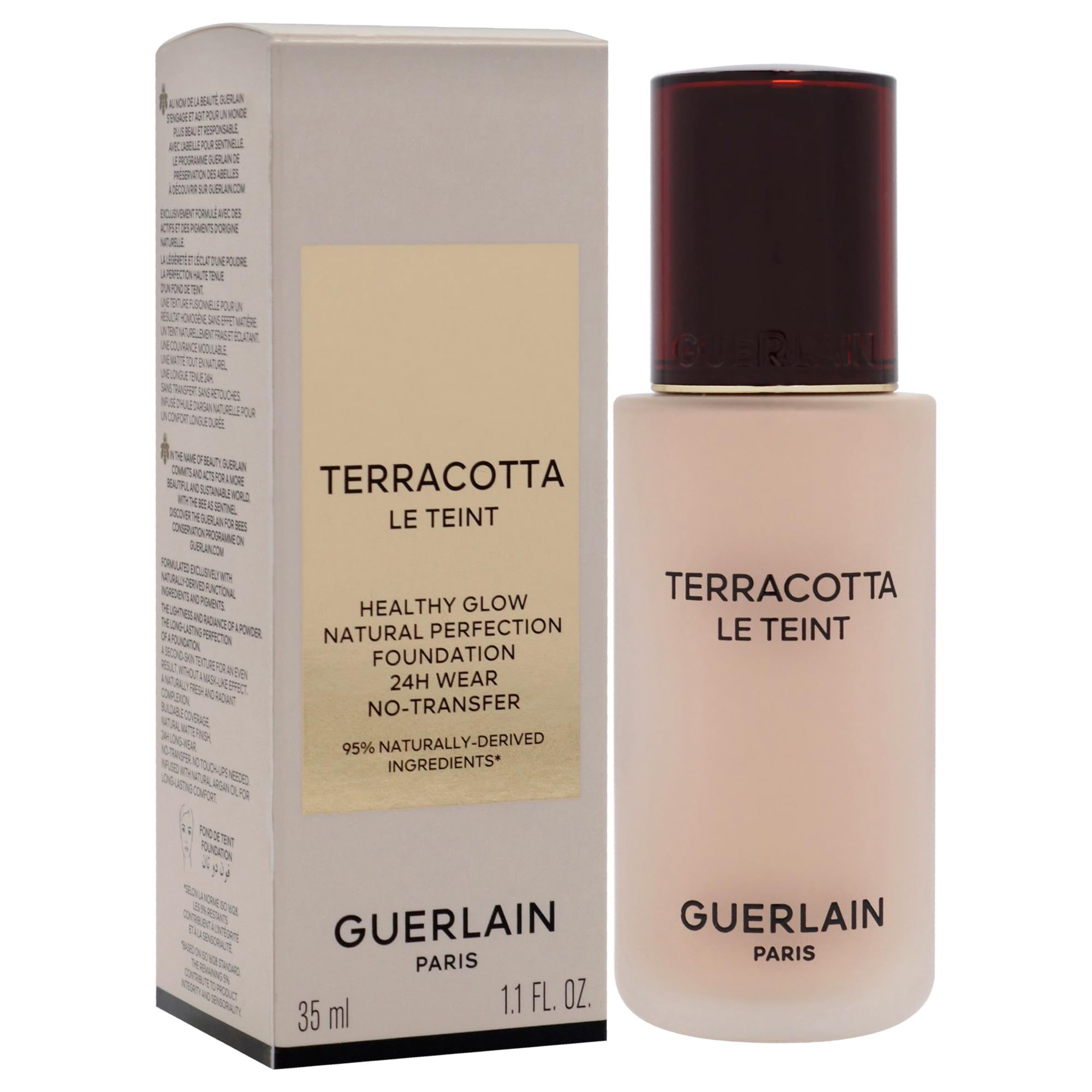 Flesje en verpakking. Opschrift: Terracotta Le Teint, Guerlain Paris. 35 ml, 1.1 FL OZ. Tint 1N.