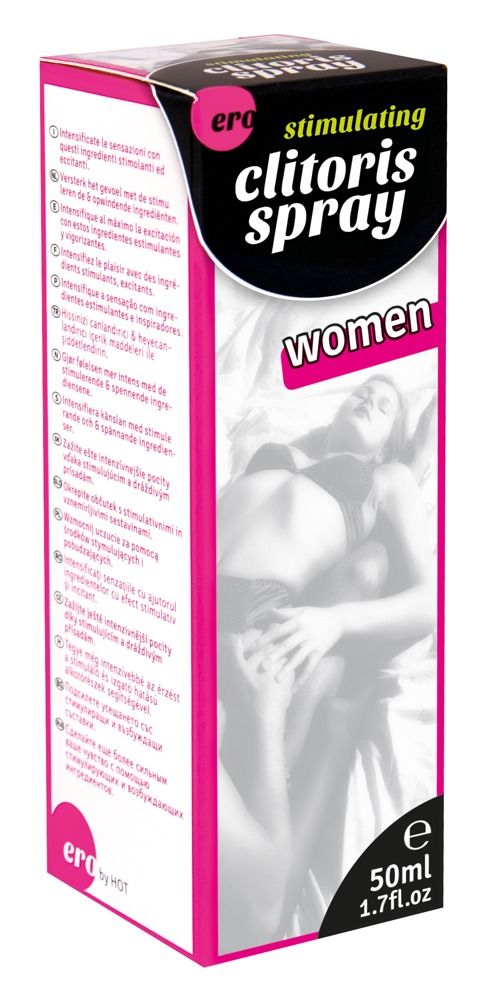 Verpakking: Ero Stimulating Clitoris Spray, 50ml. Voorkant met productnaam en afbeelding.