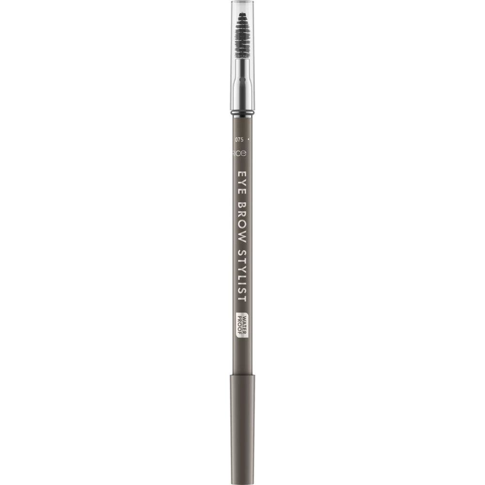 Crayon à sourcils avec brosse et capuchon. Crayon gris, détails argentés, nom du produit.