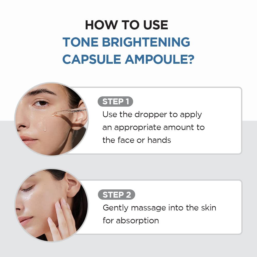Instructions d'utilisation. Deux étapes avec images et texte. Texte : Tone Brightening Capsule Ampoule.