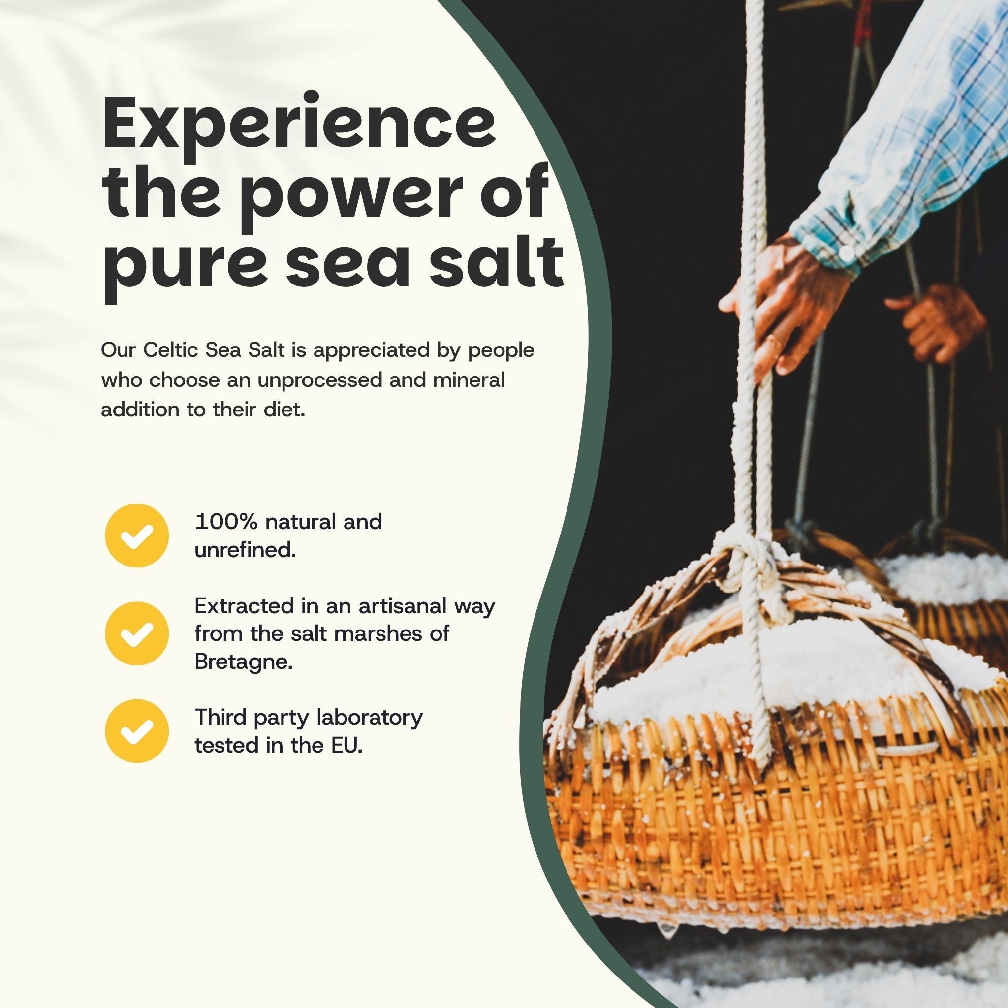 Des personnes soulèvent des paniers de sel marin. Texte : 100% naturel, artisanal, testé en laboratoire.