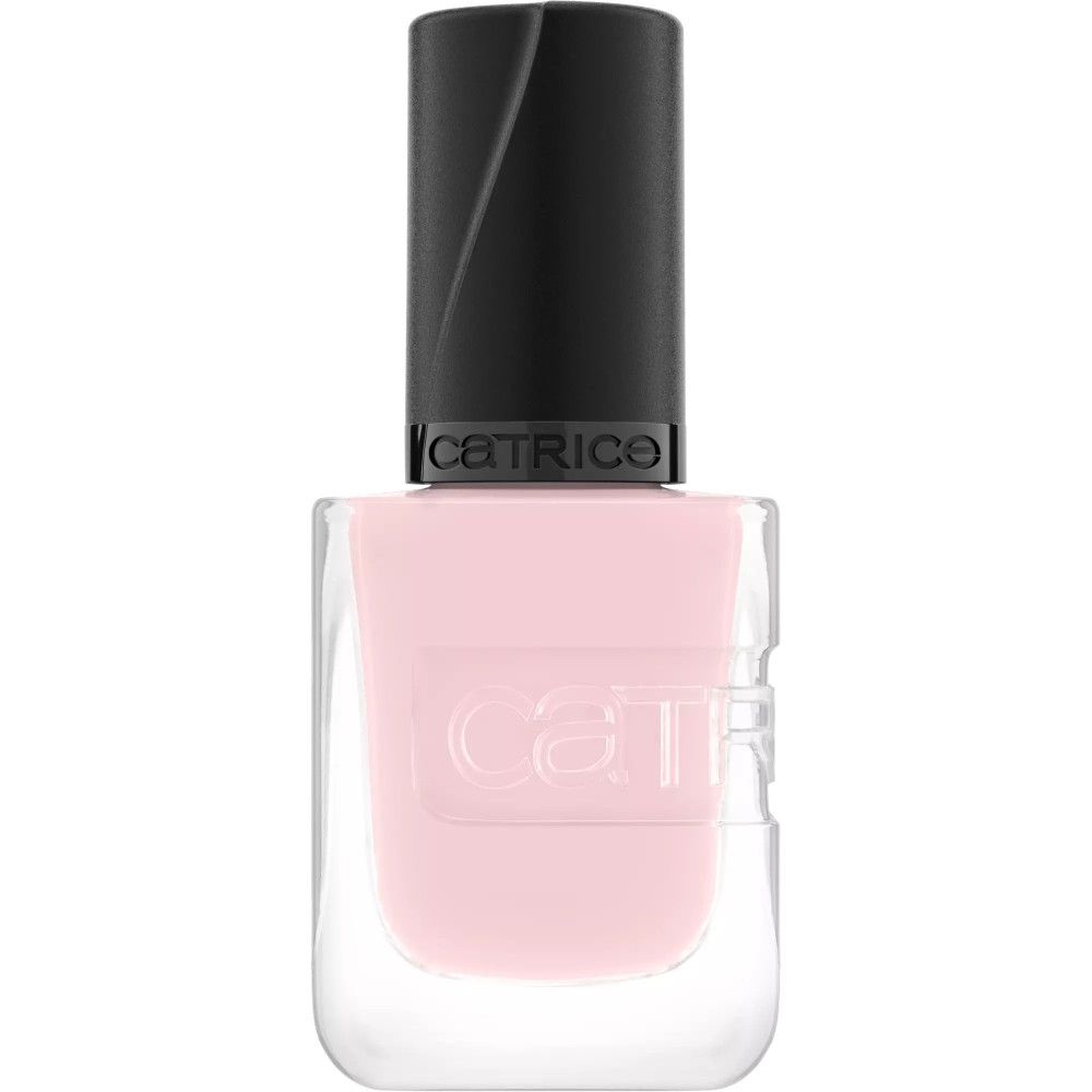 Flacon de vernis à ongles. Vernis rose, bouchon noir. Marque Catrice.
