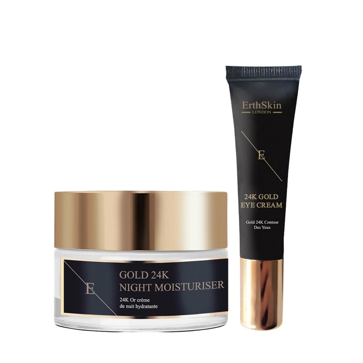 Crème de nuit et contour des yeux ErthSkin London. Pots avec couvercles dorés. Étiquettes noires avec texte blanc. Texte: 24K Gold.