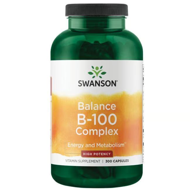 Flacon vert avec étiquette blanche. Inscription: SWANSON Balance B-100 Complex. 300 capsules. Haute puissance. Complément vitaminique.