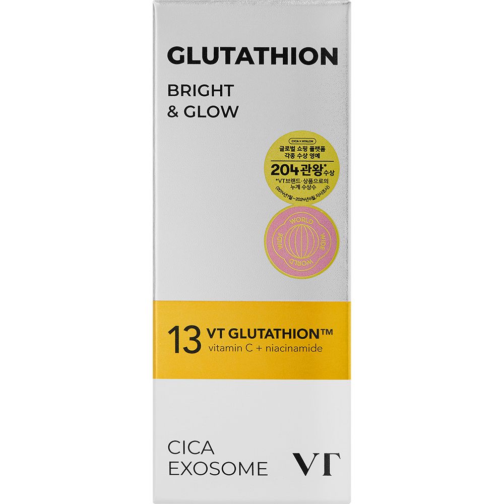 Witte verpakking met opschrift: Glutathion Bright & Glow, 13 VT Glutathion Cica Exosome. Ronde stickers.