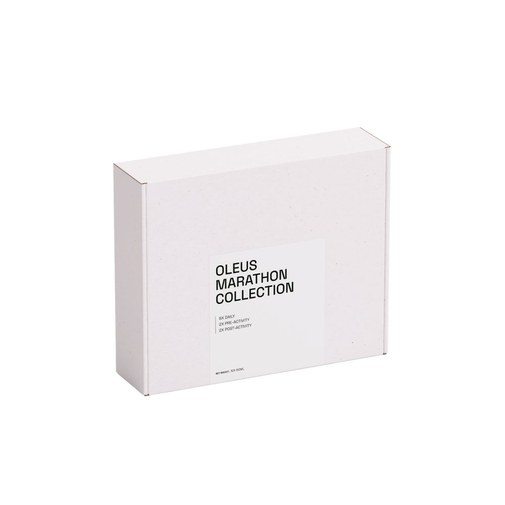 Witte verpakking met OLEUS MARATHON COLLECTION. Bevat 14 Pre-Activity en 14 Post-Activity flesjes.