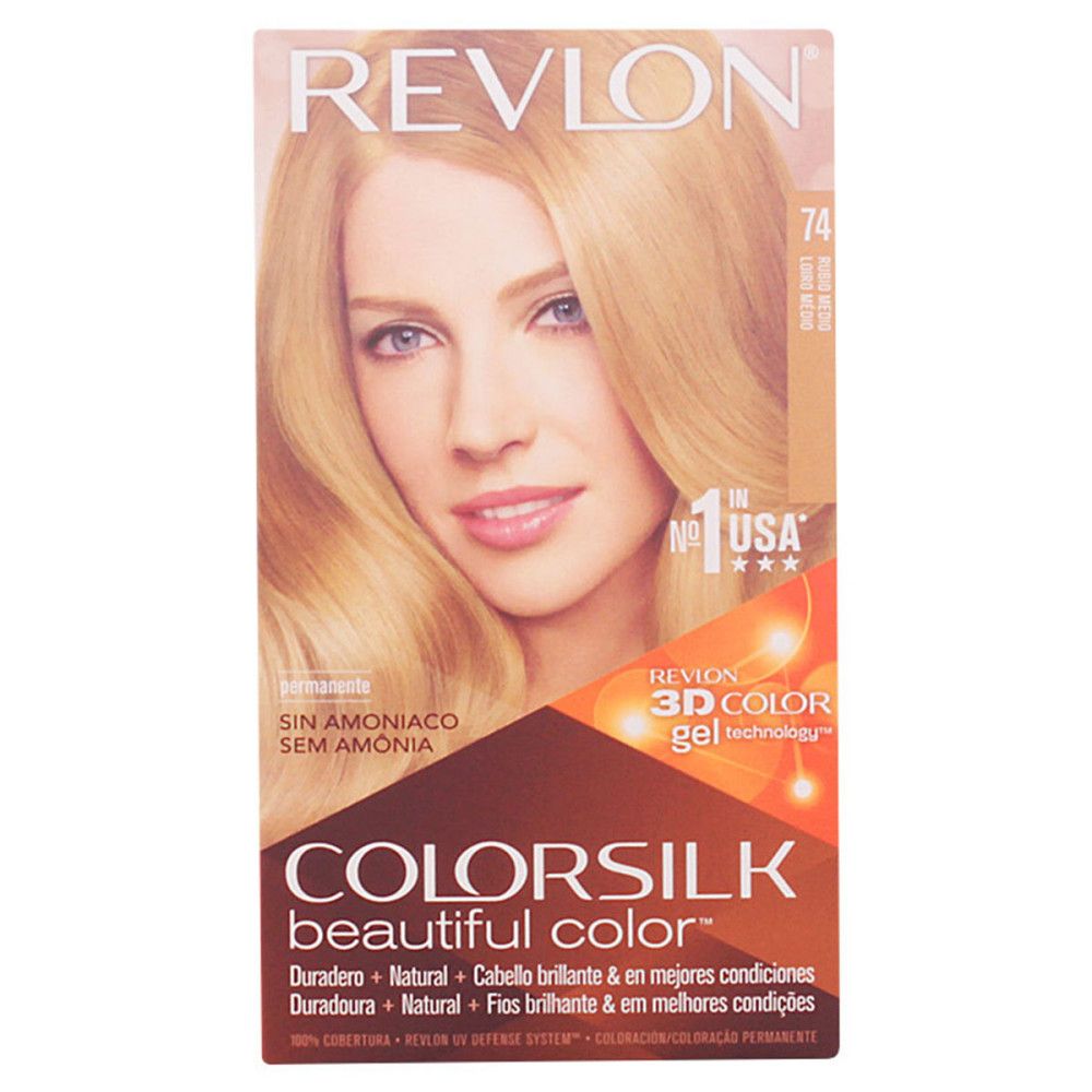 Boîte de coloration Revlon Colorsilk 74 Blond Moyen. Femme blonde sur l'emballage. Sans ammoniaque, technologie 3D Color Gel.