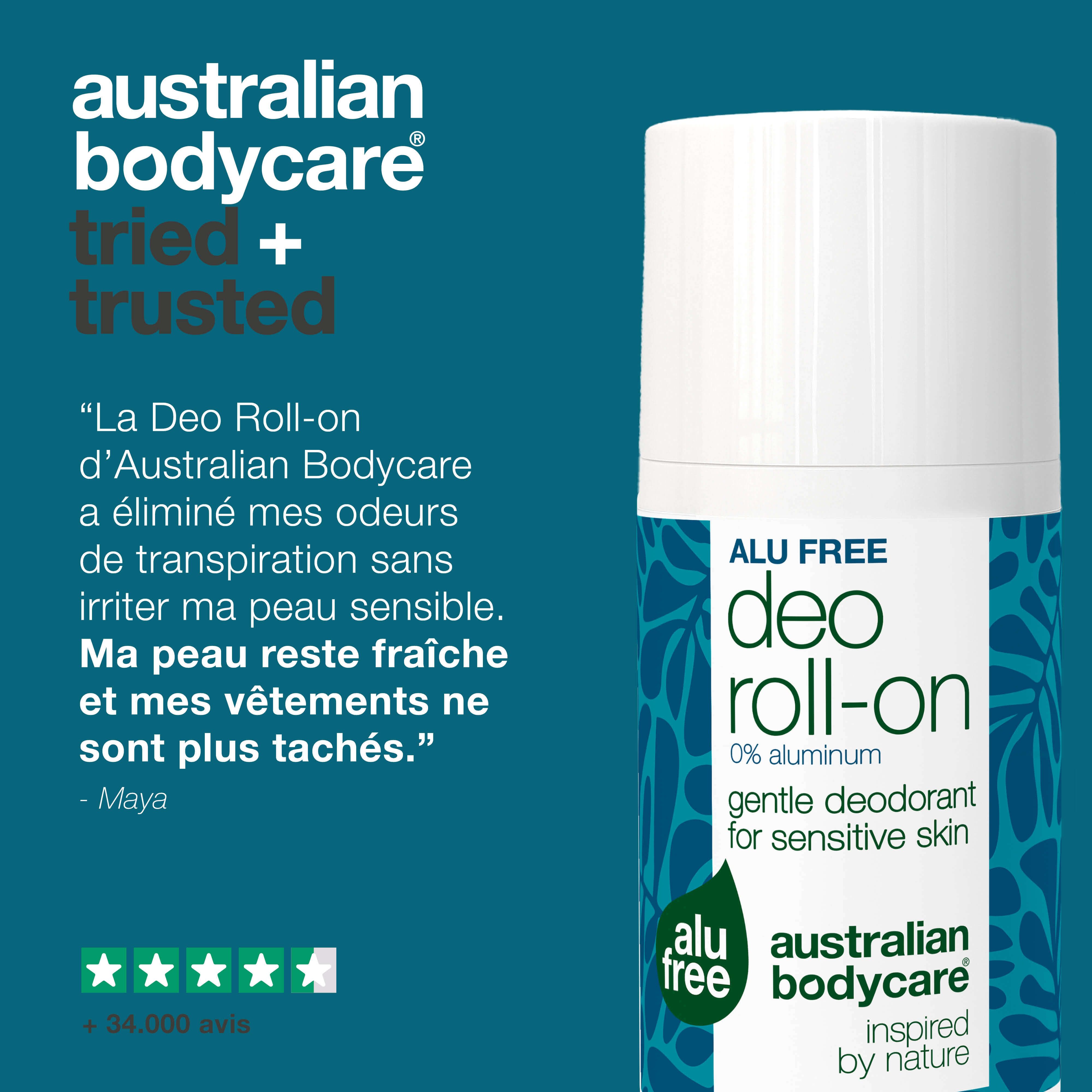 Roll-on déodorant avec citation : Élimine les odeurs, n'irrite pas, ma peau reste fraîche, mes vêtements propres. Marque : Australian Bodycare.