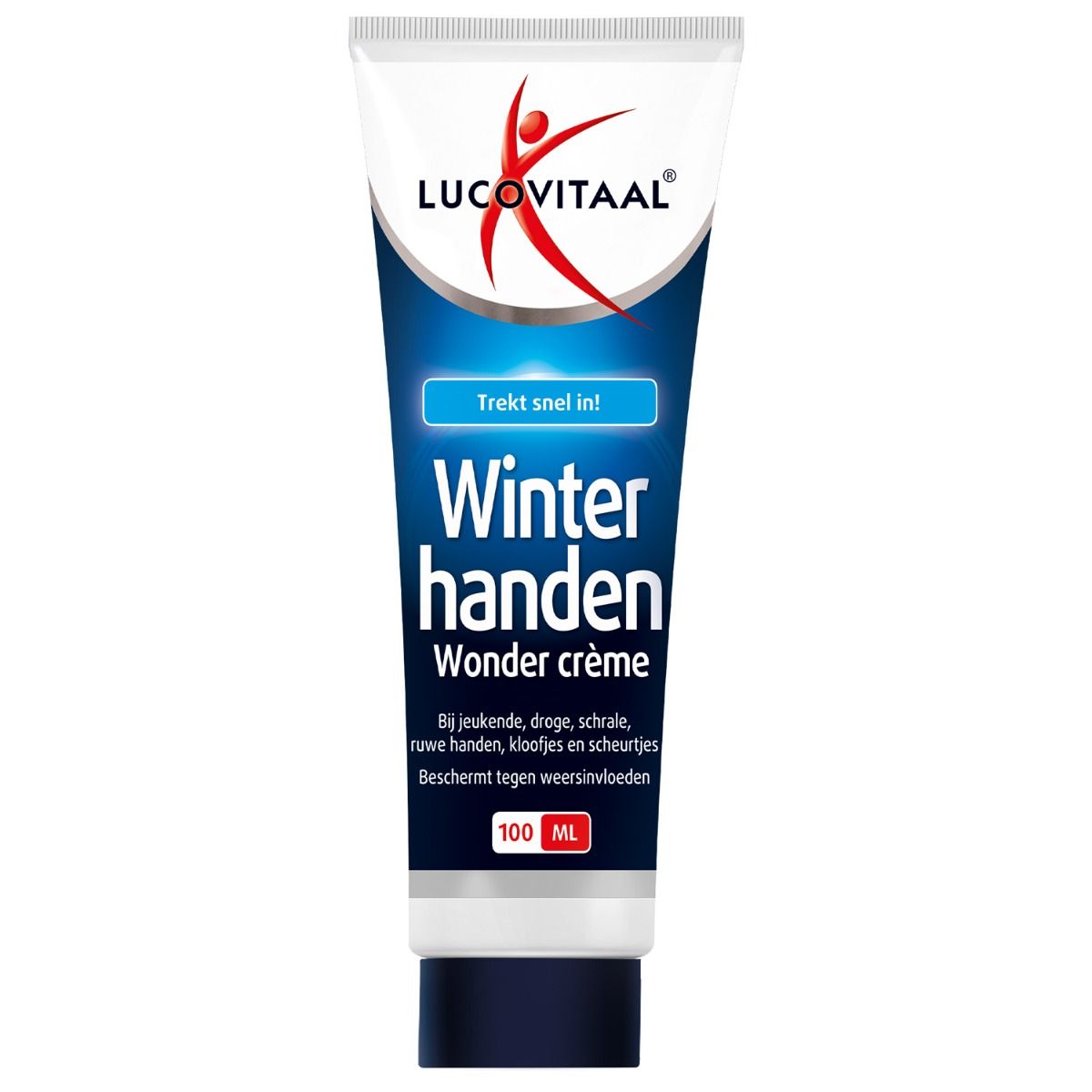 Crèmetube met productnaam en logo. Blauwe en witte kleuren. Tekst: Winterhanden Wonder crème. 100 ml.