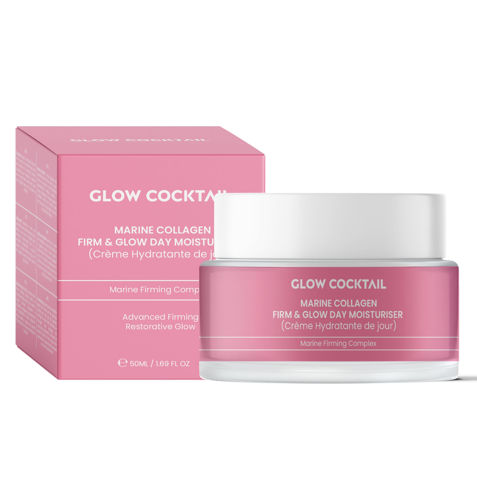 Pot et boîte roses. Inscription: Marine Collagen Firm & Glow Day Moisturiser. Marque: Glow Cocktail.