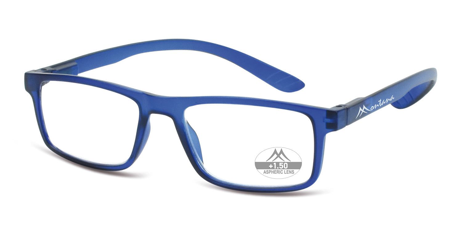 Lunettes bleues à verres rectangulaires. "Montana" est inscrit sur la branche. "+1.50 Aspheric Lens" sur un verre.