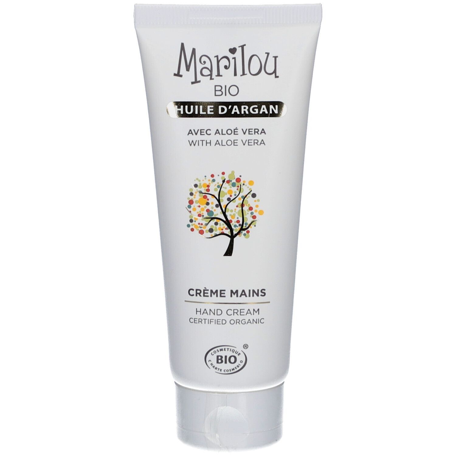 Tube blanc de crème pour les mains Marilou Bio à l'huile d'argan. Inscription : Crème Mains. Certification bio. Logo arbre.