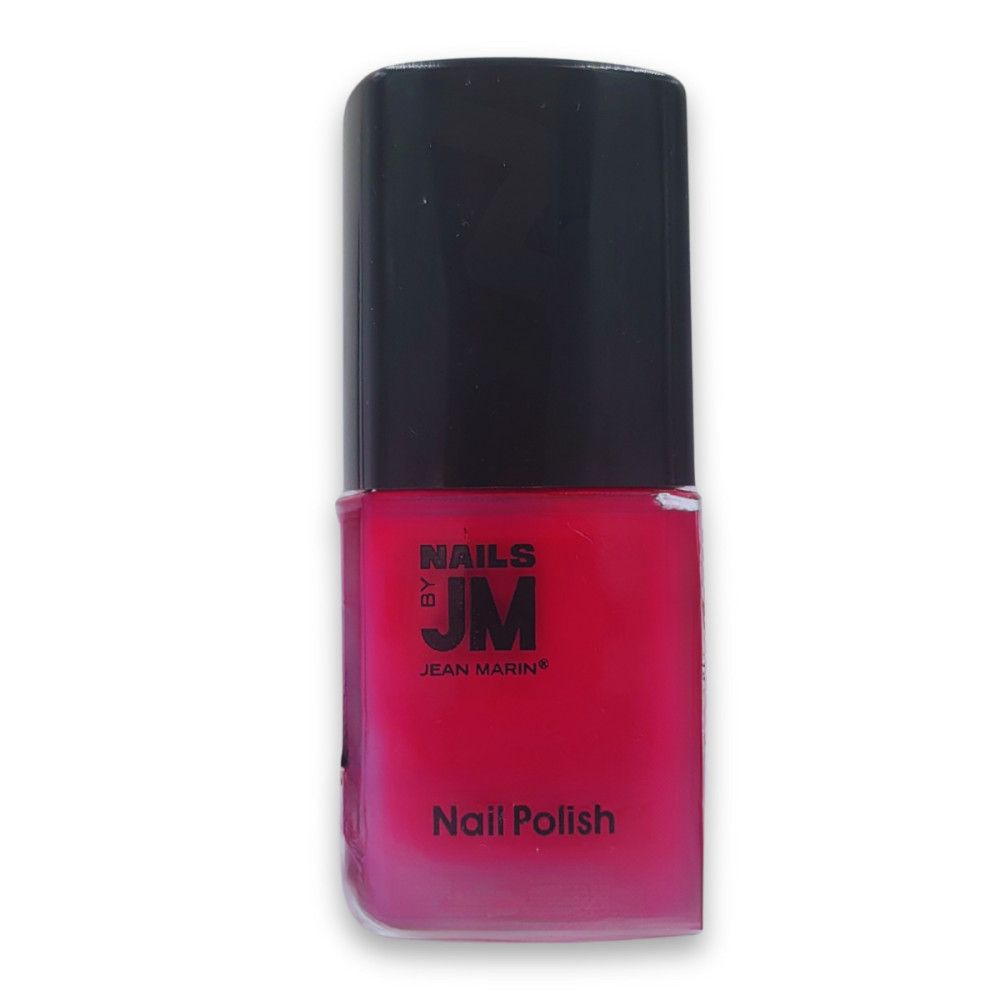 Flacon de vernis à ongles Jean Marin. Flacon rose avec bouchon noir. Inscription : Nails by JM, Nail Polish.