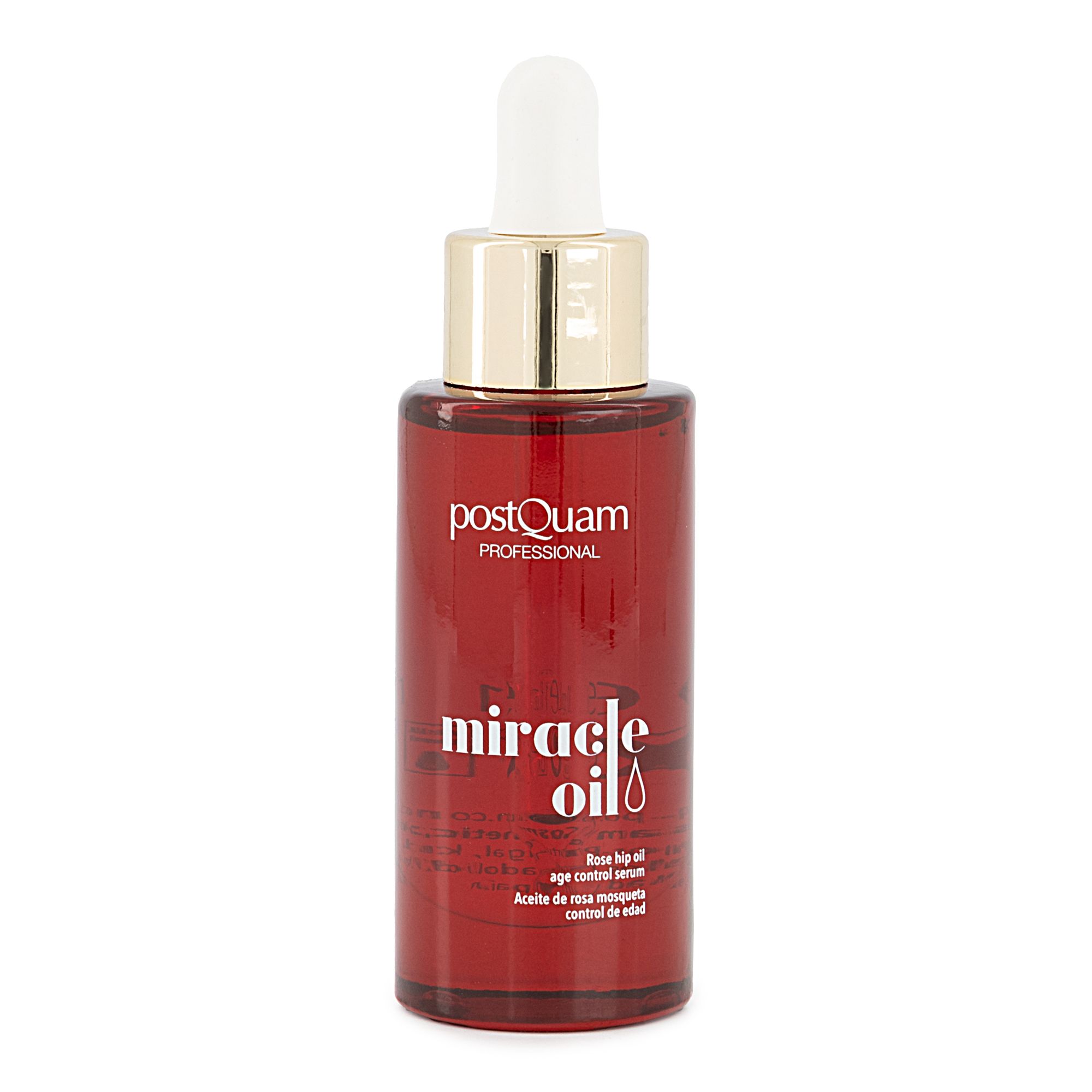 Postquam Miracle Oil fles. Rode fles met gouden dop en pipet. Tekst: Miracle Oil, Rose hip oil, age control serum.
