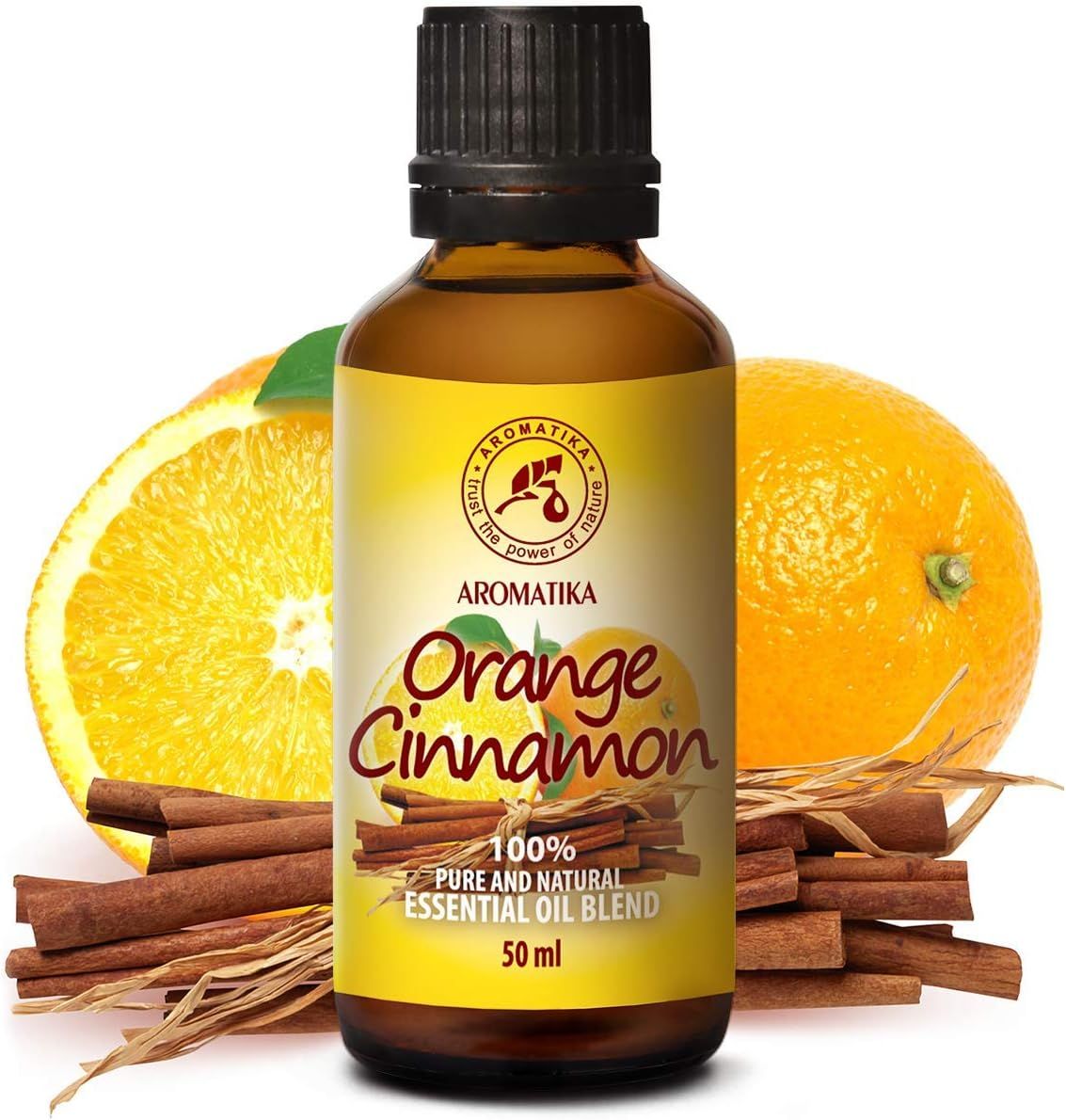Mélange d'huiles essentielles AROMATIKA Orange-Cannelle, flacon 50 ml avec bâtons de cannelle et oranges.