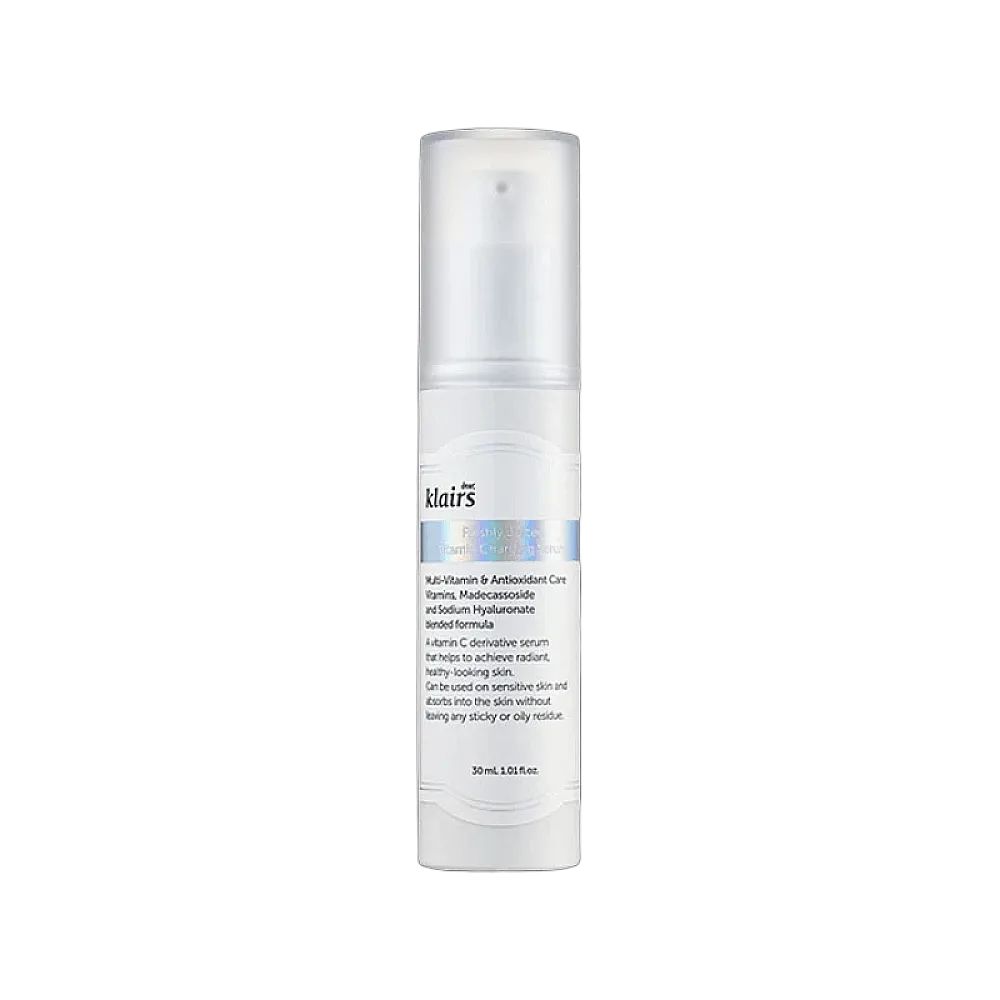 Flacon de sérum blanc. Inscription : klairs. Texte : Multi-Vitamin & Antioxidant Care, Vitamin C derivative serum.