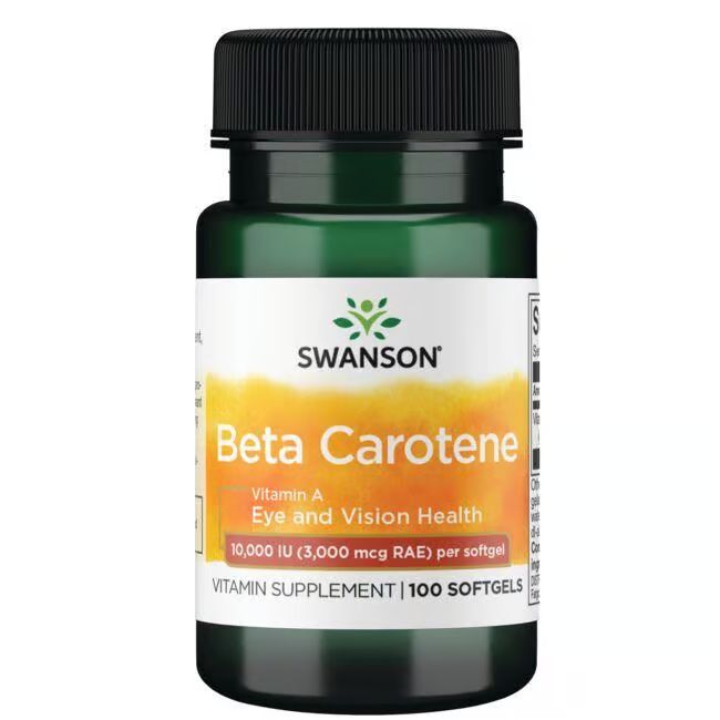 Flacon vert avec bouchon noir. Inscription : Swanson, Beta Carotene, Vitamin Supplement, 100 Softgels.