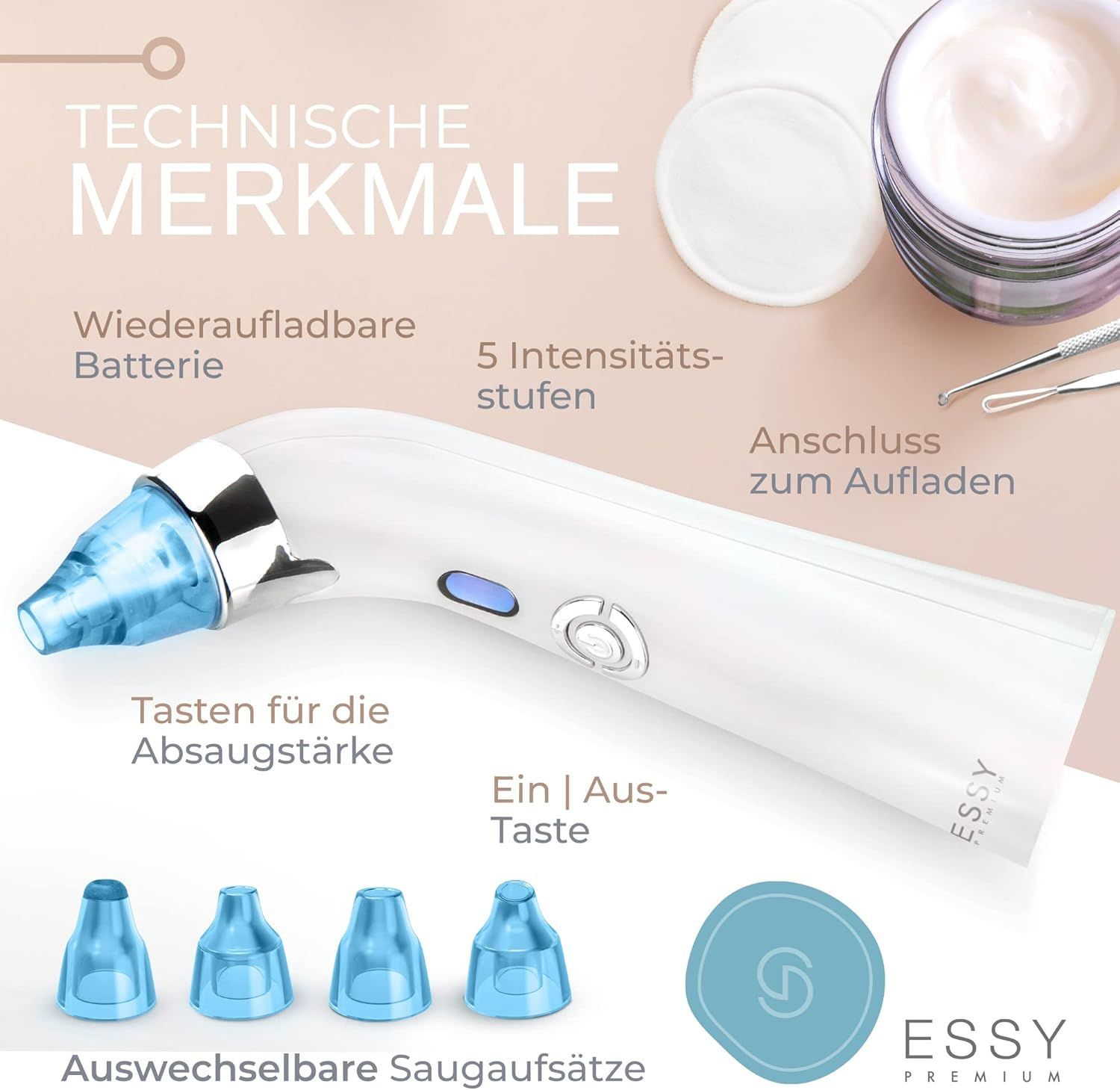 Essy Pore Vacuum met oplaadbare batterij en 5 intensiteitsniveaus.