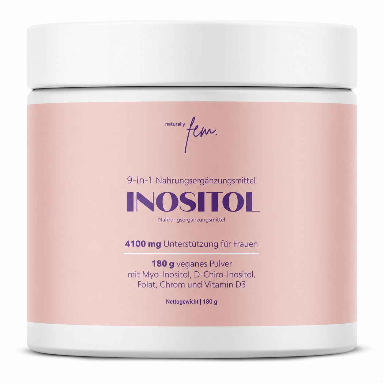 Poudre QSTA D-Chiro & Myo Inositol : pot de 180g avec étiquette rose, poudre végane pour le soutien féminin.