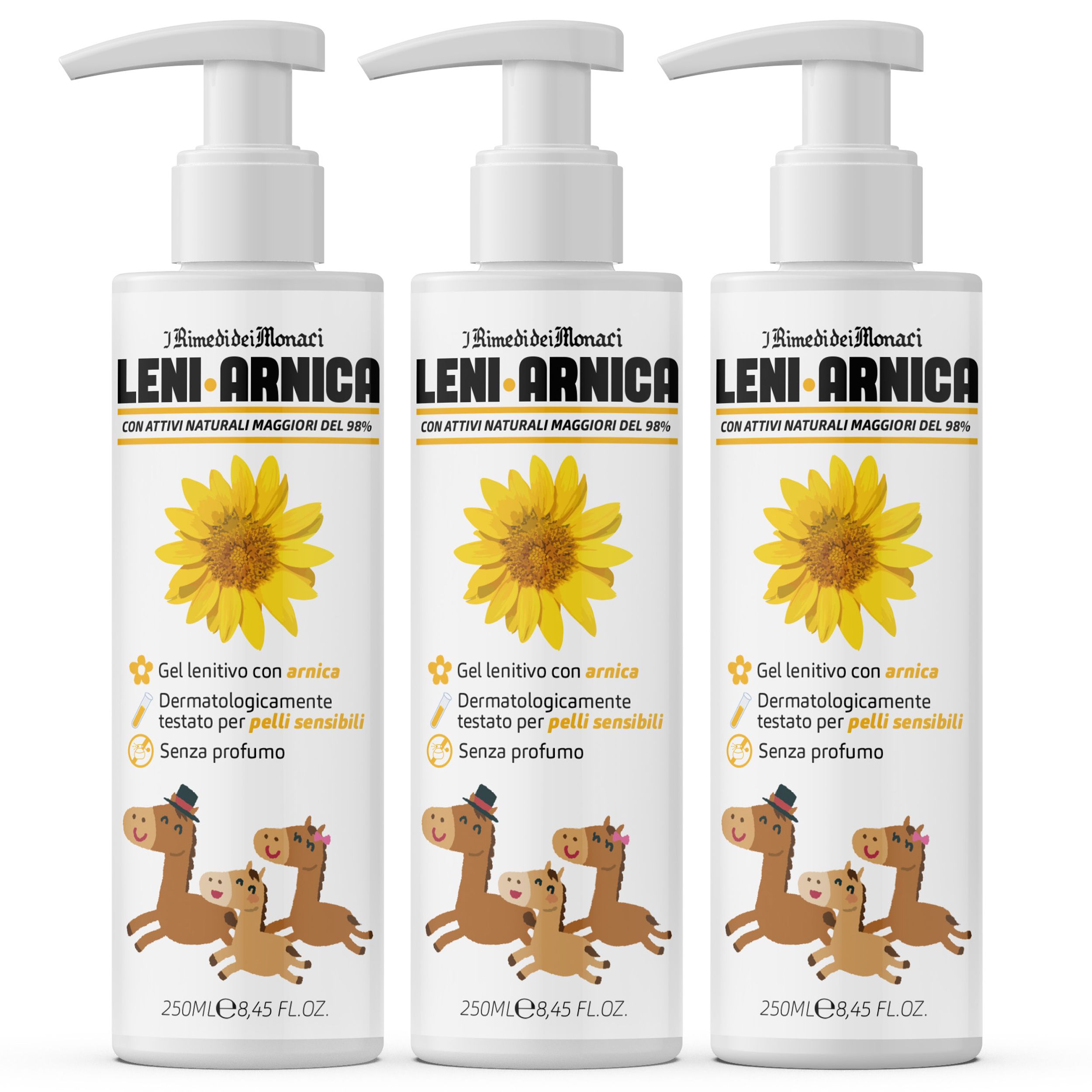 Drie flessen Leni-Arnica gel. Witte flessen met pomp. Bedrukking met zonnebloem en tekst. 250 ml.