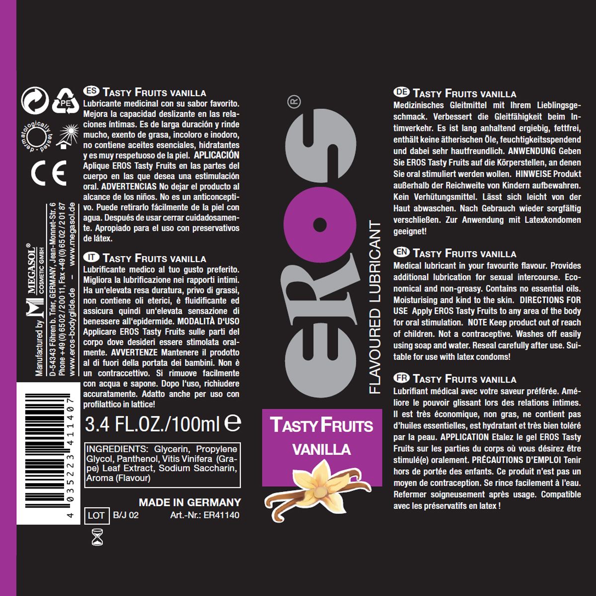 Emballage de EROS Tasty Fruits Vanilla. Texte multilingue, dont le français. Illustration d'une gousse de vanille.