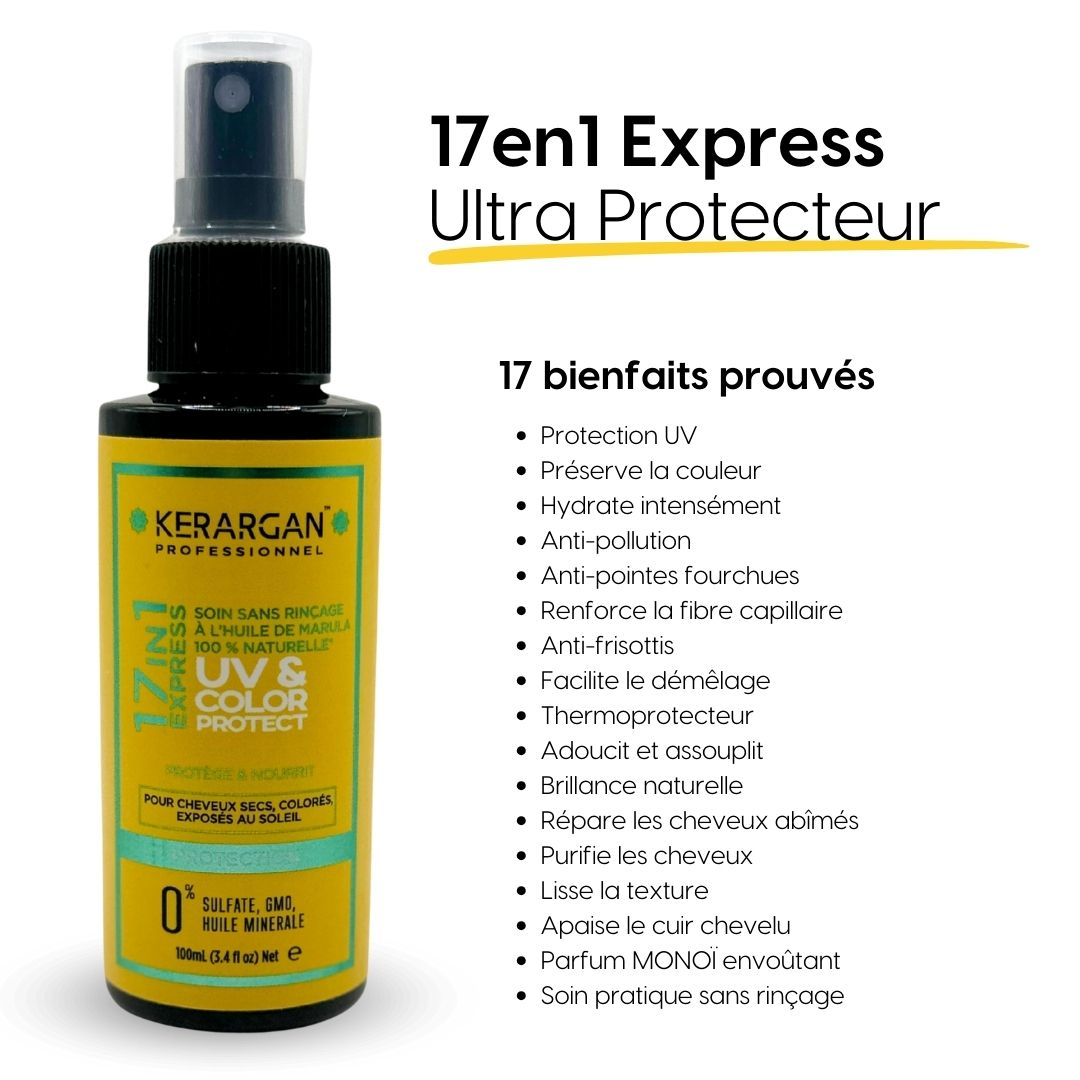Kerargan UV & Color Protect. Flacon avec vaporisateur. Texte: 17en1 Express Ultra-Protection. 17 avantages. Étiquette jaune.