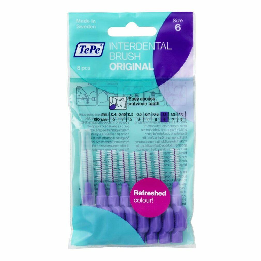 Verpakking met 6 paarse TePe interdentale borstels. Opschrift: Interdental Brush Original. Maat: 1.10 mm.