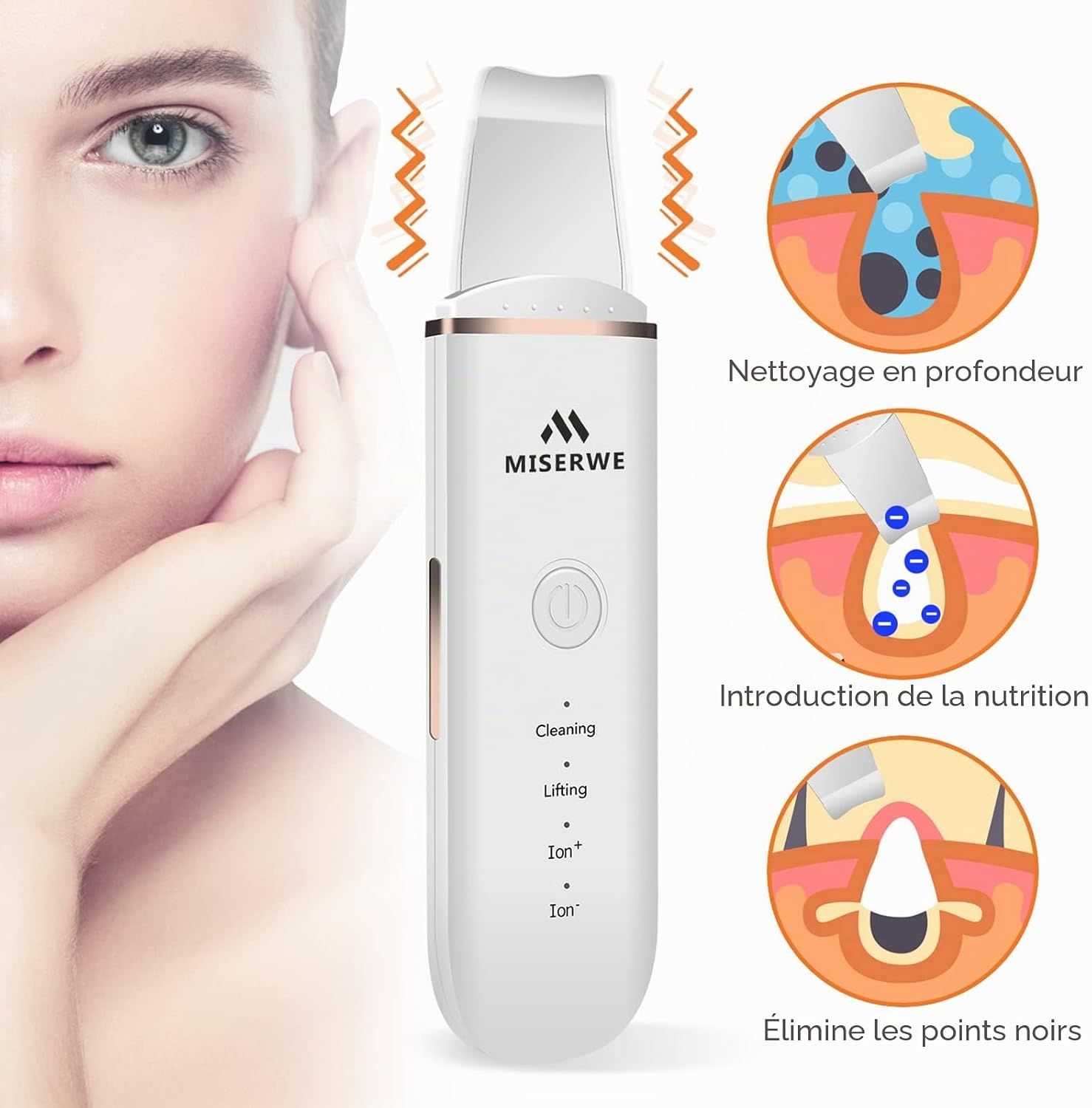 Nettoyeur de peau à ultrasons blanc avec accents argentés et bouton d'alimentation. Indique les modes nettoyage, lifting et ion.