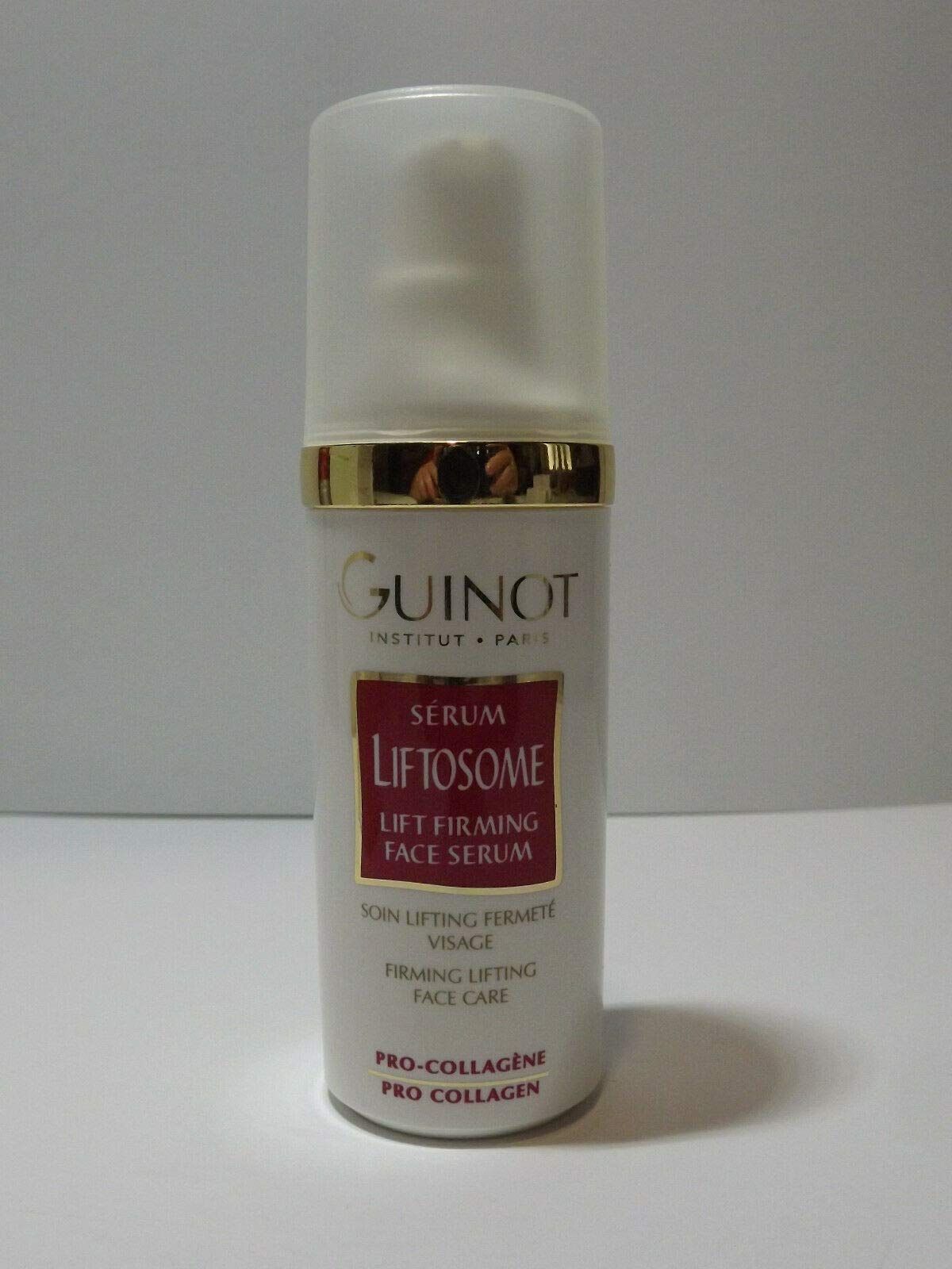 Guinot Liftosome Serum: flacon met pompdispenser en gouden ring.