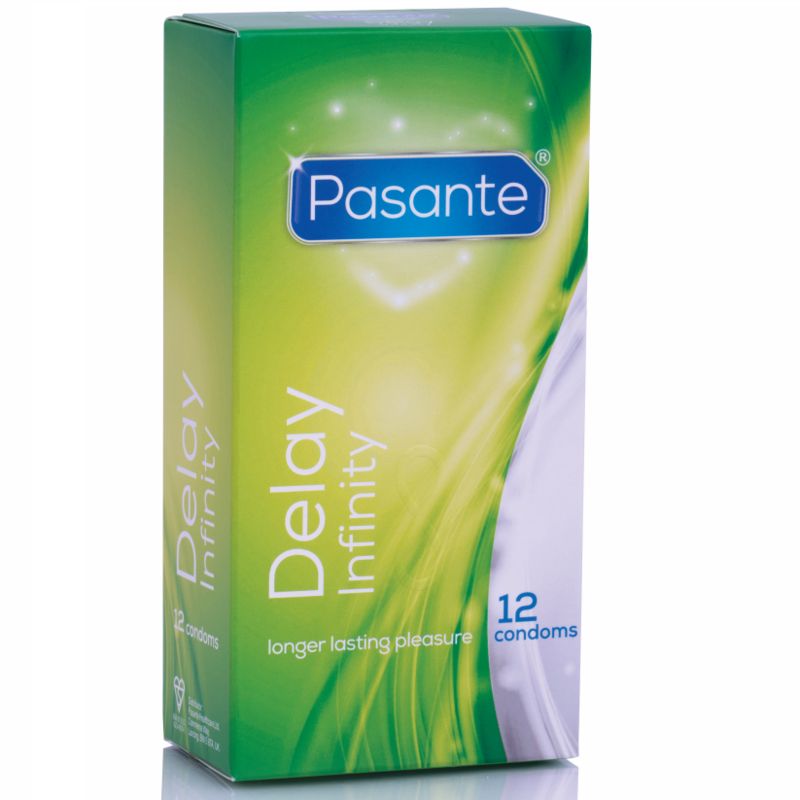 Boîte verte Pasante "Delay Infinity". Contient 12 préservatifs.