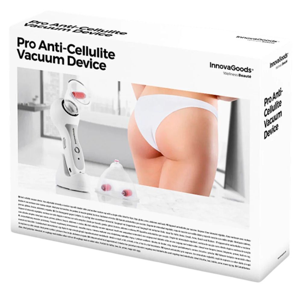 Verpakking met productafbeelding. Tekst: Pro Anti-Cellulite Vacuum Device. Merk: InnovaGoods. Wellness-Beauté.