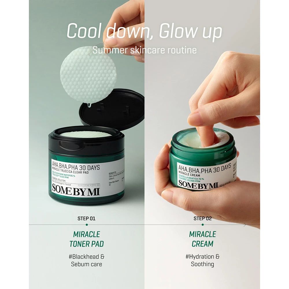 Application du SOMEBYMI AHA-BHA-PHA Clear Pad et de la Miracle Cream.