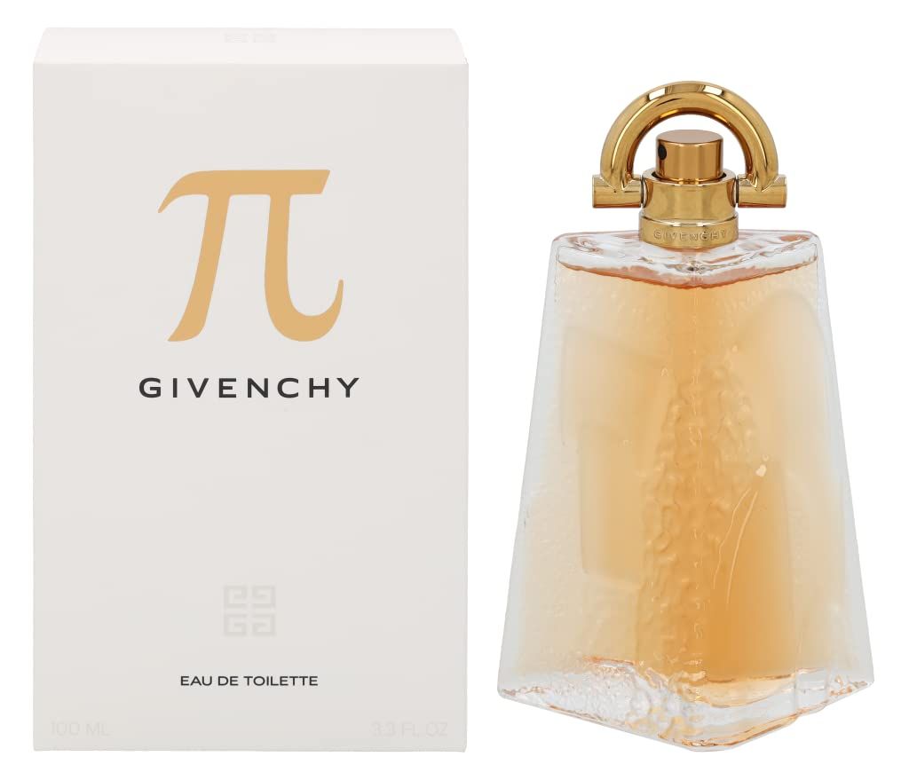 Fles en verpakking. Fles met gouden dop en Pi-symbool. Verpakking met Pi-symbool en Givenchy-logo.